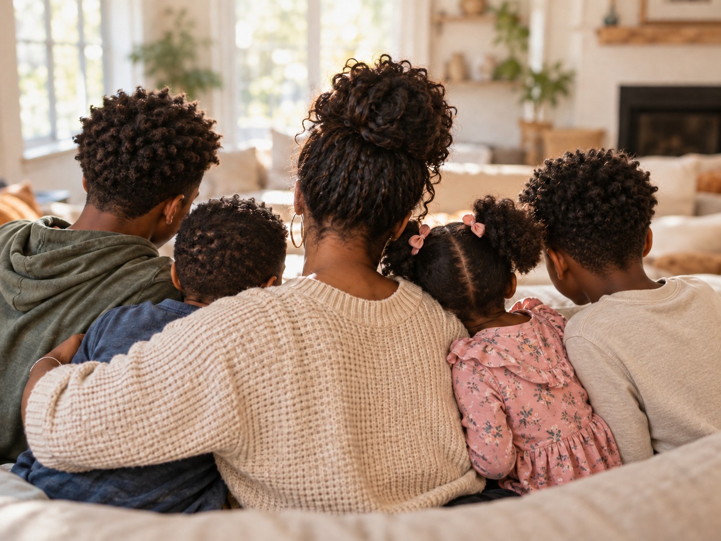 A mother of four embraces her teenager, tween boy, and preschool-age boy and girl twins from behind; no faces are visible.