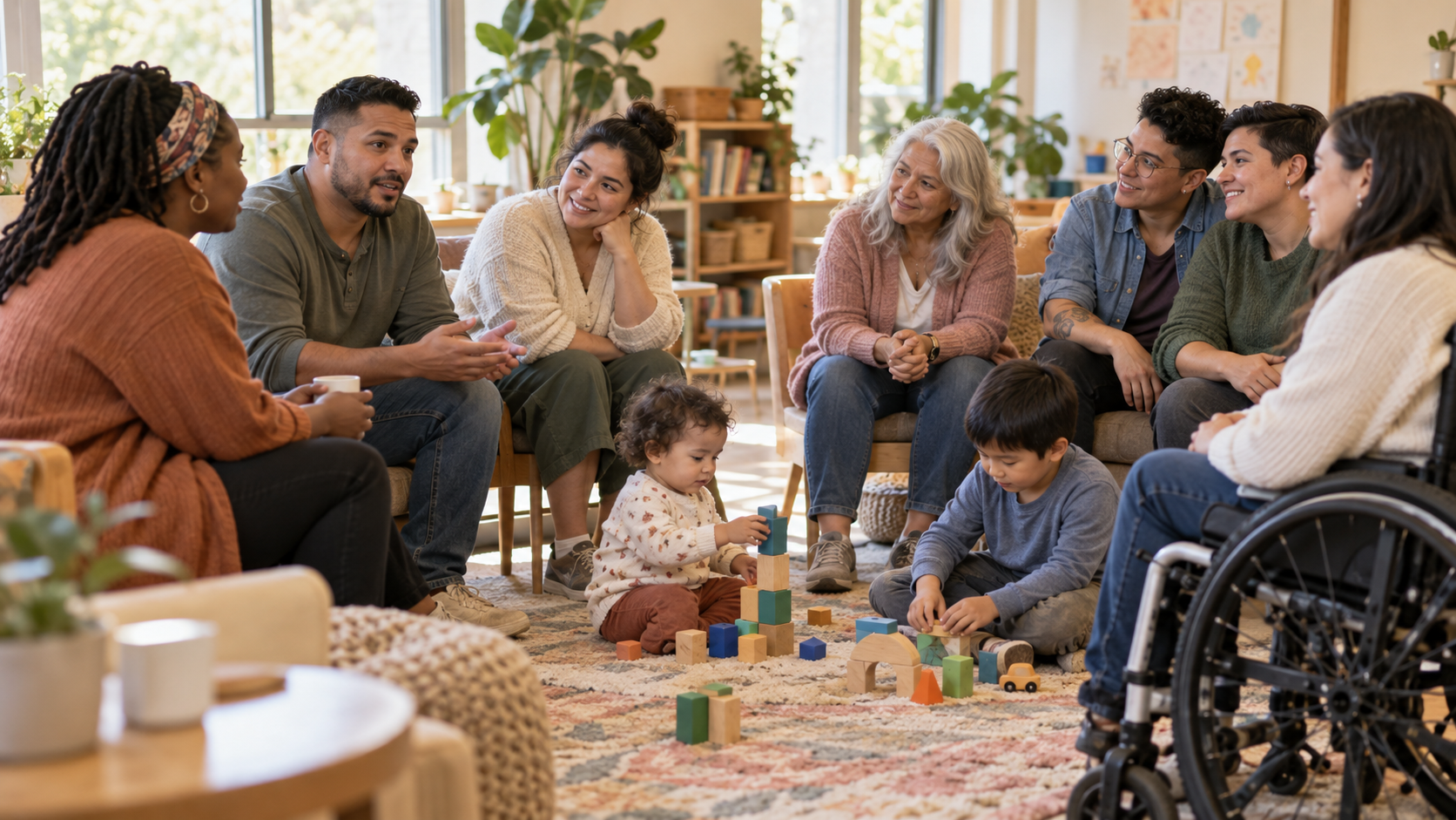 Caregivers and children from a range of families chatting and playing together at a community meetup.