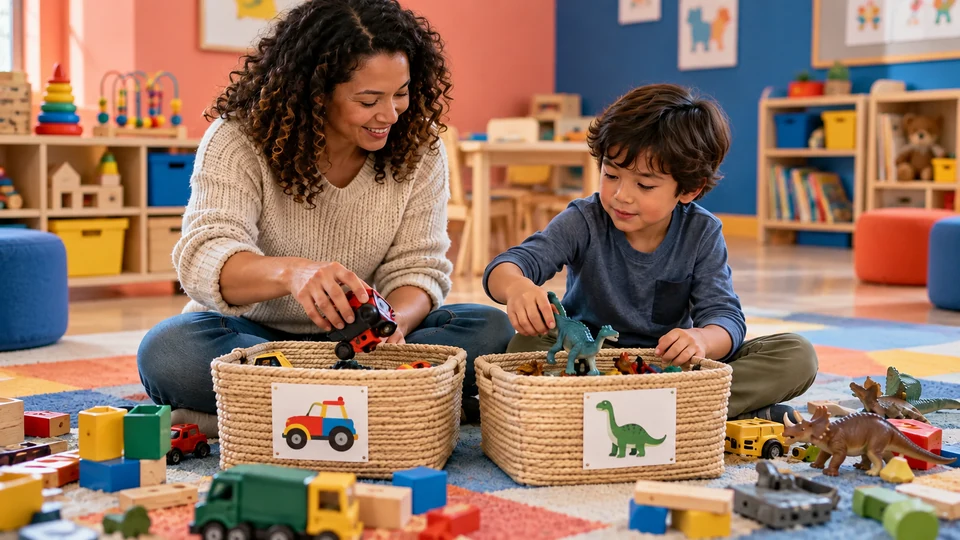 Shared toy cleanup with picture baskets