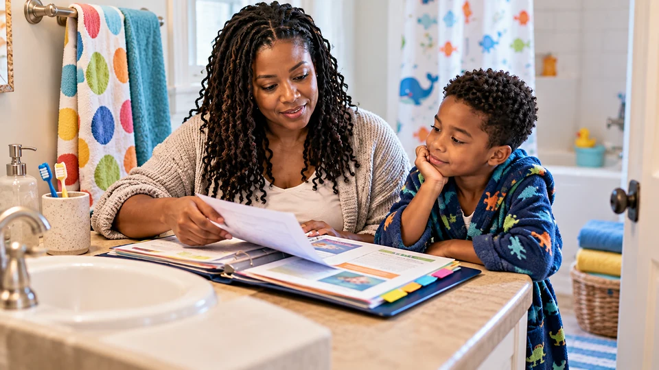 Reviewing family resources beside a child’s drawing