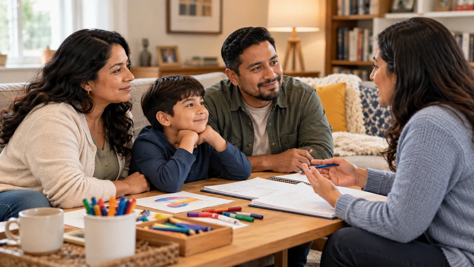 Family–teacher meeting in a welcoming classroom