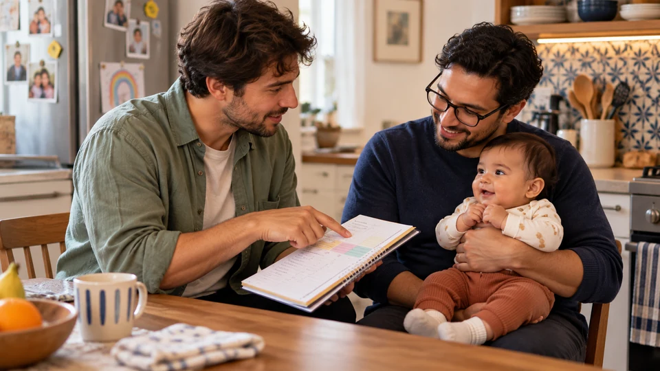 Two fathers care for their baby together.