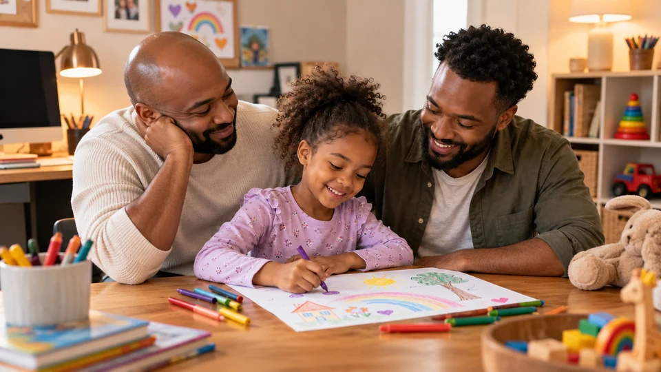 A father and daughter drawing together at their kitchen table.