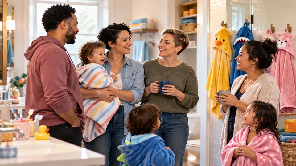 An LGBTQ+ parent couple and child join an indoor parent gathering.