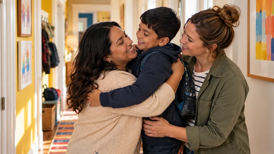 Two mothers welcome their child home after a busy day.