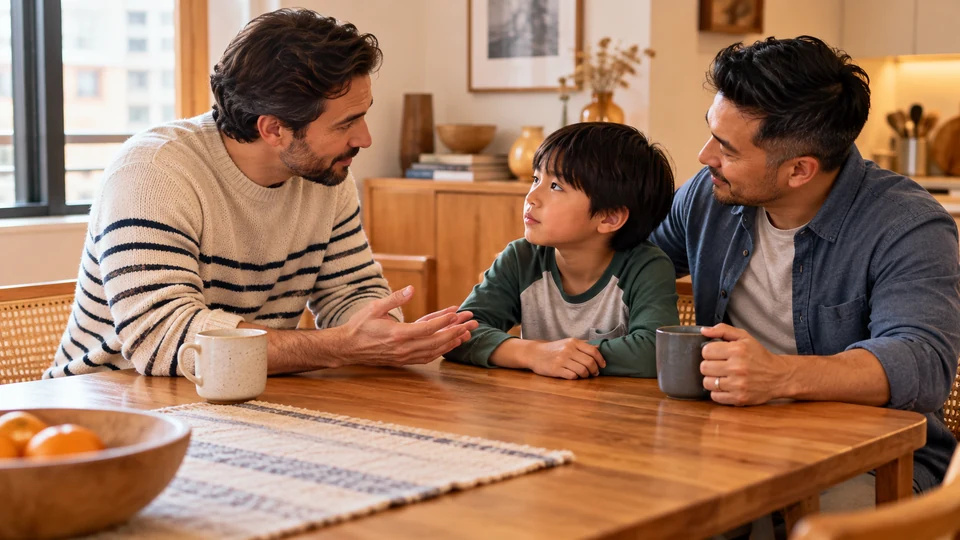 Two fathers and their child share a calm family conversation.