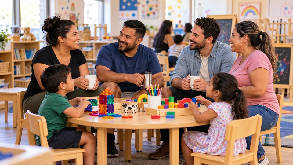 A two-mom family and a two-dad family connect indoors.