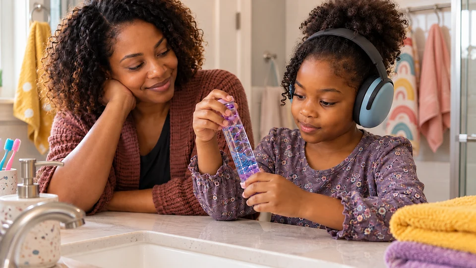 A Black mother watches her daughter explore a sensory fidget in a quiet plum-colored nook.