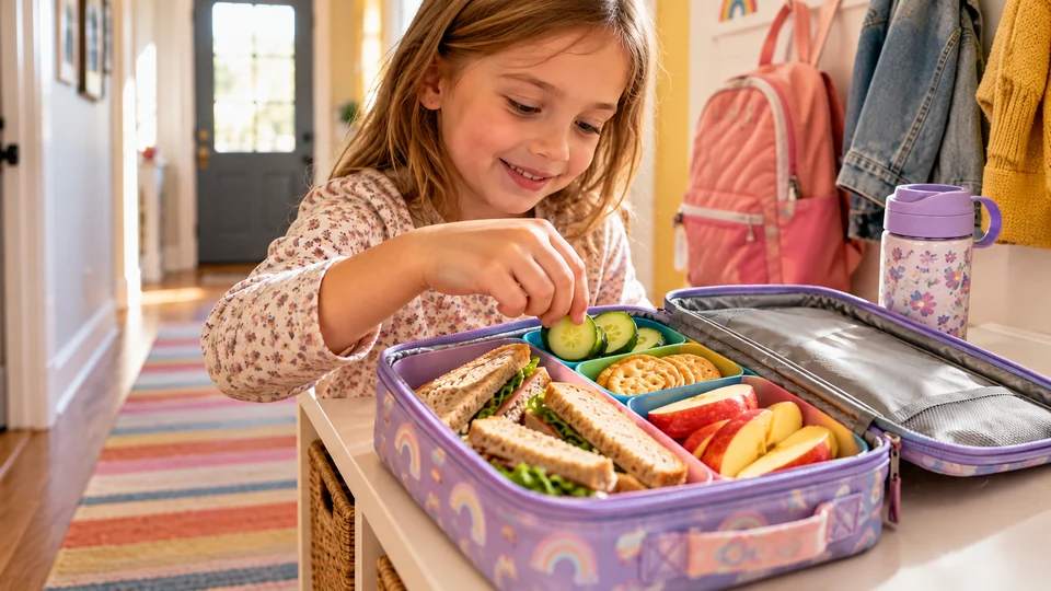 A colorful child’s lunchbox ensemble