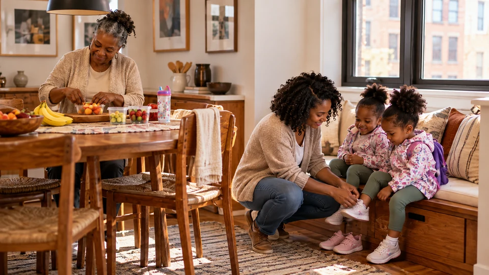 Family teamwork with snacks and shoes