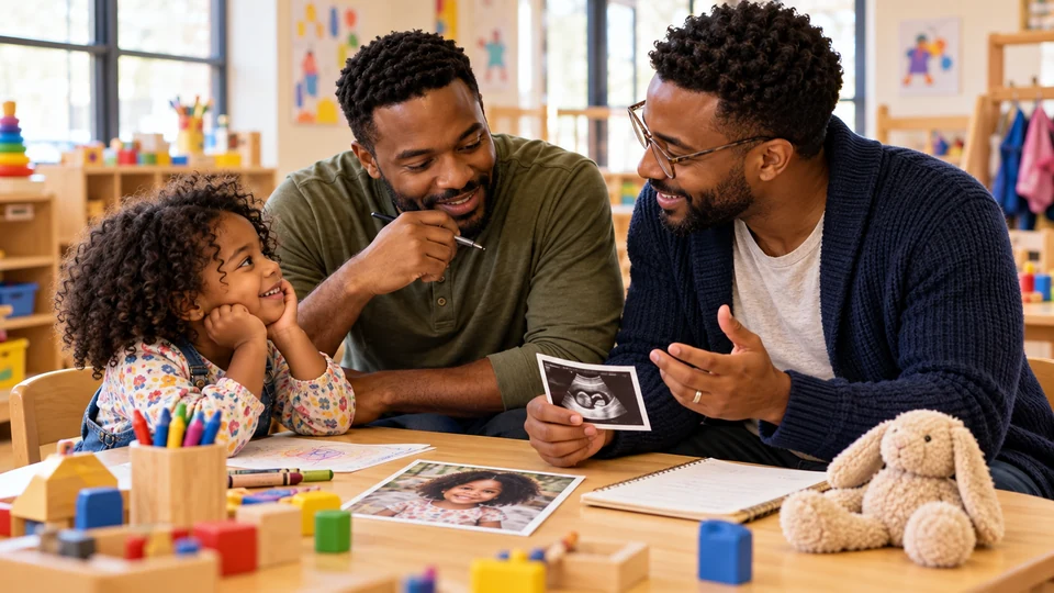 Two fathers talk about a new sibling with their child.