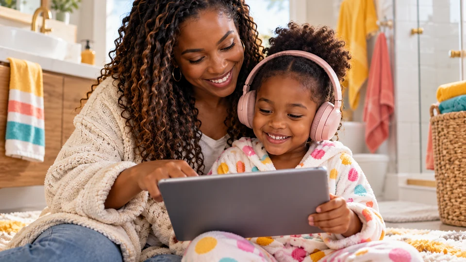 A Black mother and child sharing tablet play while the child wears over-ear noise-cancelling headphones