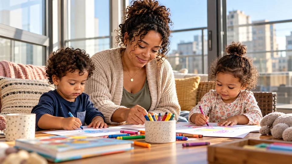 A Black mother draws with her boy-girl twins.
