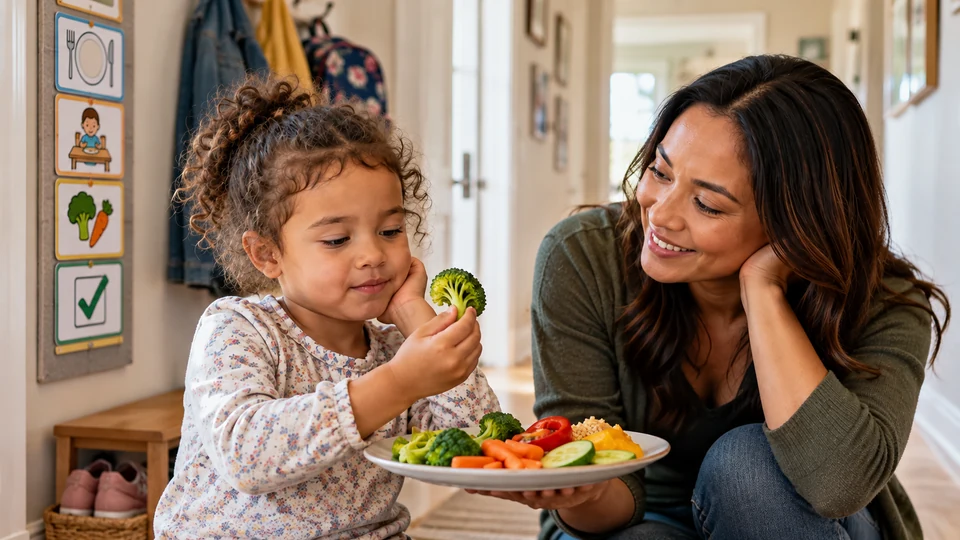 Curious child, calm parent, colorful vegetables