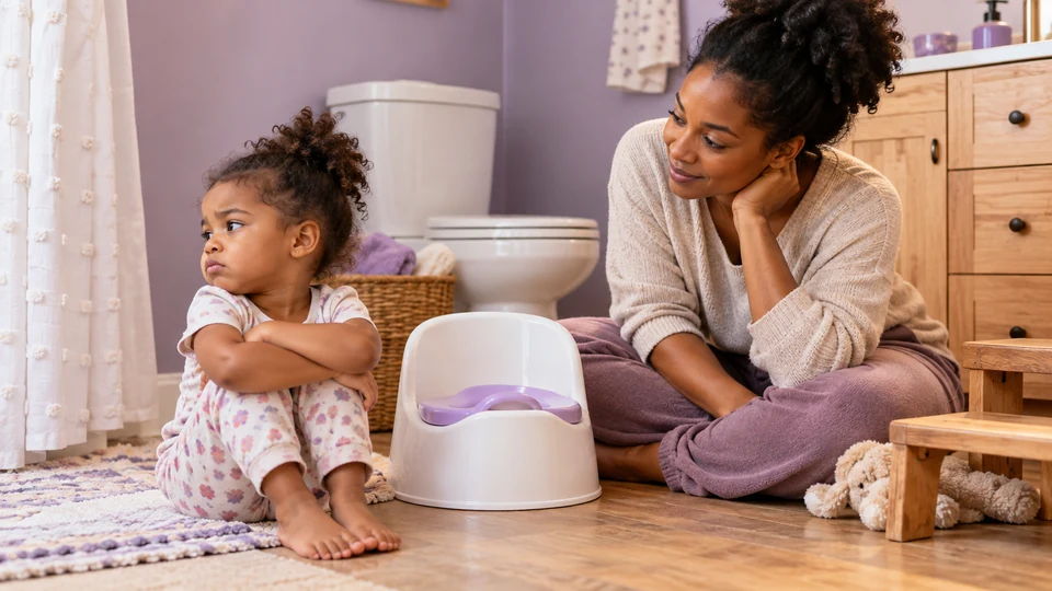 Toddler reads near a small potty