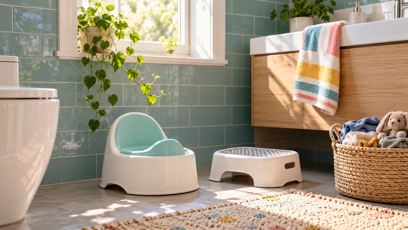 Two clean child training potties and a step stool in a bright bathroom