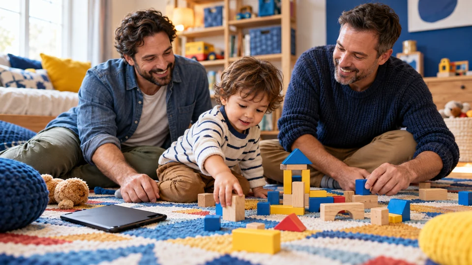 Two fathers and their child build with blocks after putting a tablet aside.