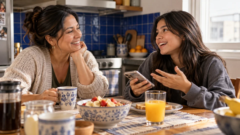 Warm kitchen chat, phone set aside