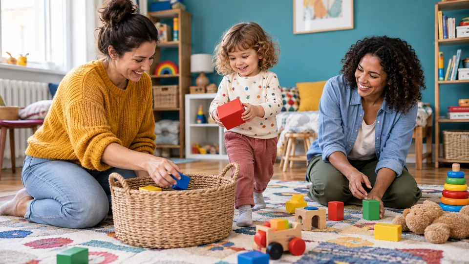 Two mothers and their child tidy toys together.