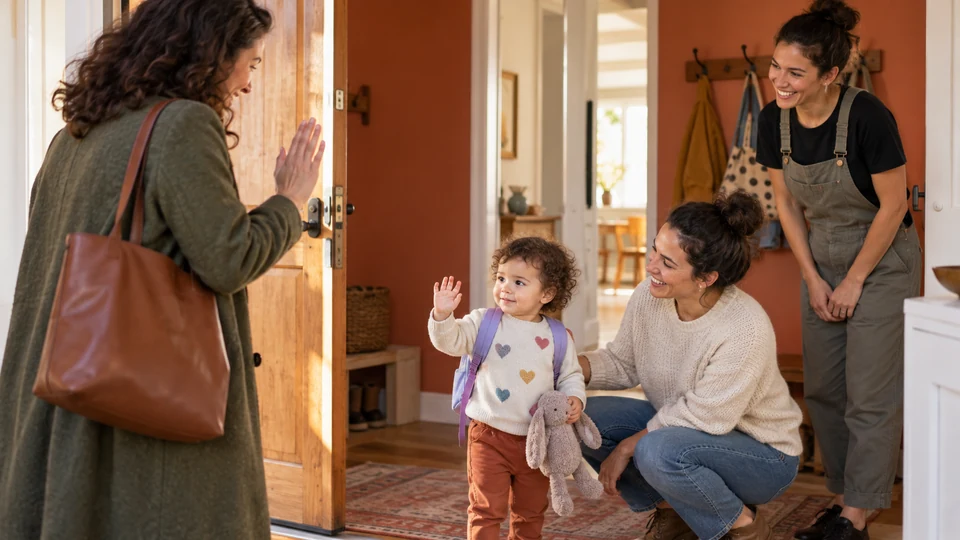 Two mothers help their toddler say goodbye at the apartment door.