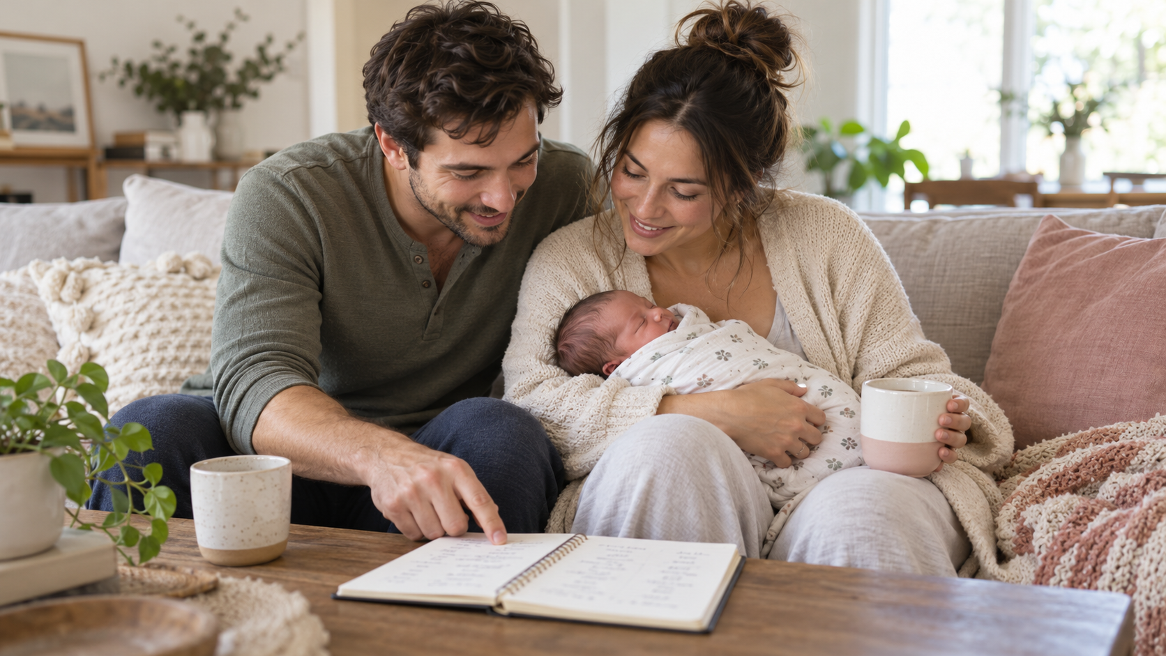 Parents holding their newborn while looking through name ideas in a notebook.