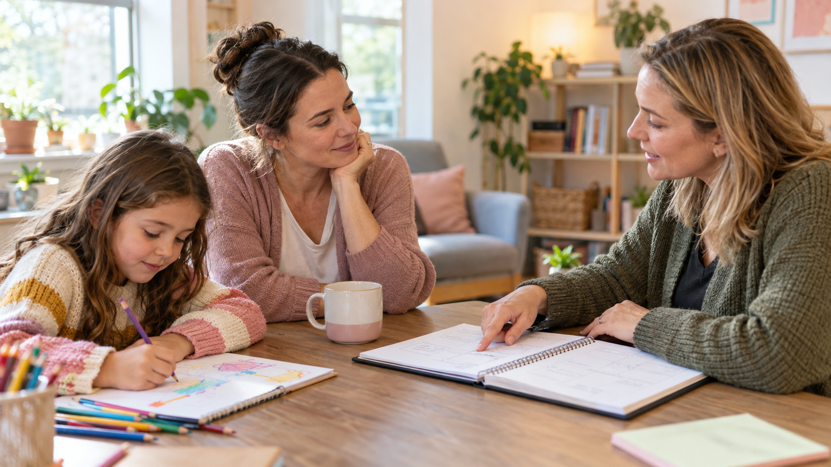 A mother and child meeting with a supportive professional to talk through a practical plan while the child draws.