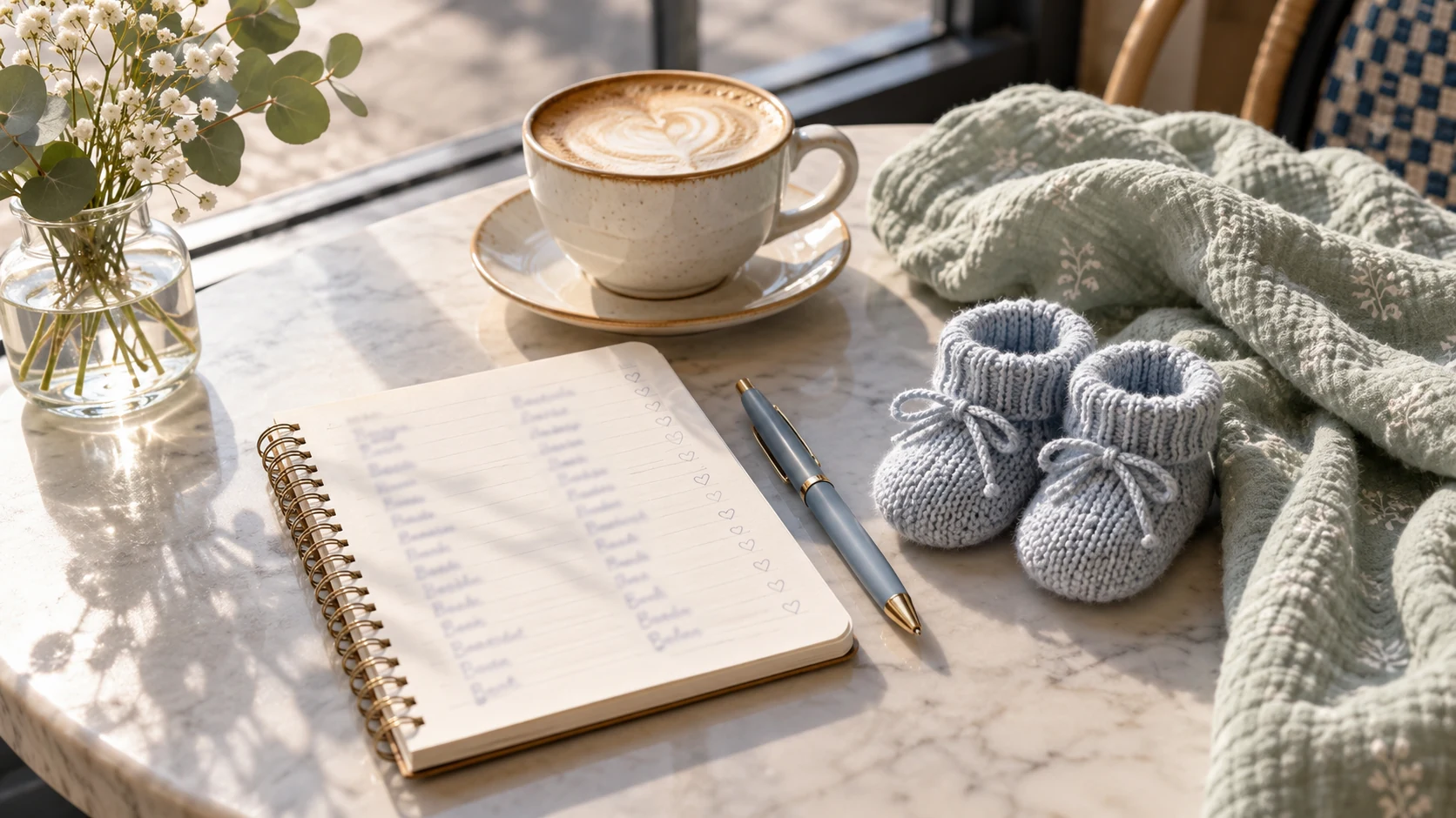 A baby-name notebook, soft sage blanket, and tiny knitted booties on a sunlit cafe table.