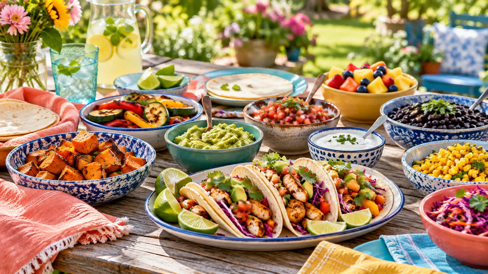 A colorful family meal spread with tacos, vegetables, fruit, and sauces on a sunny outdoor table.