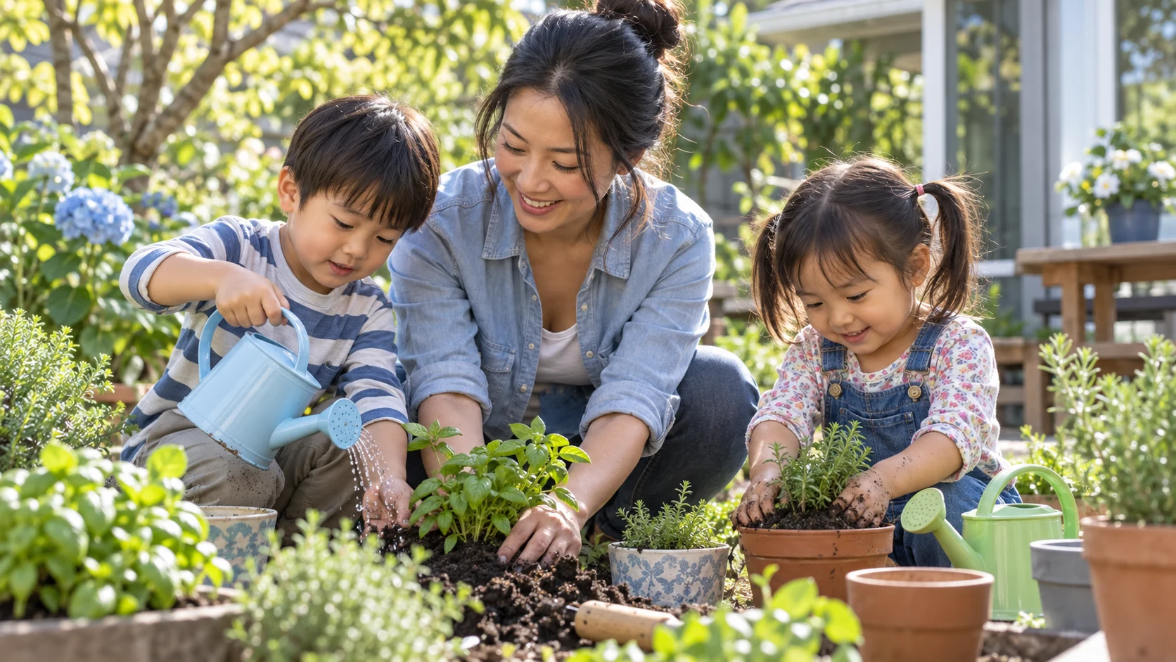An Asian mother and her preschool boy-girl twins plant herbs together in a bright backyard garden.