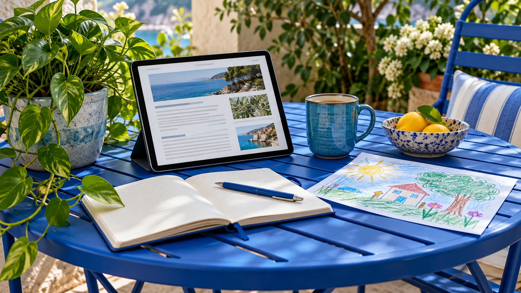 A tablet with a newsletter layout, notebook, mug, plant, and child’s drawing on a sunny blue patio table.