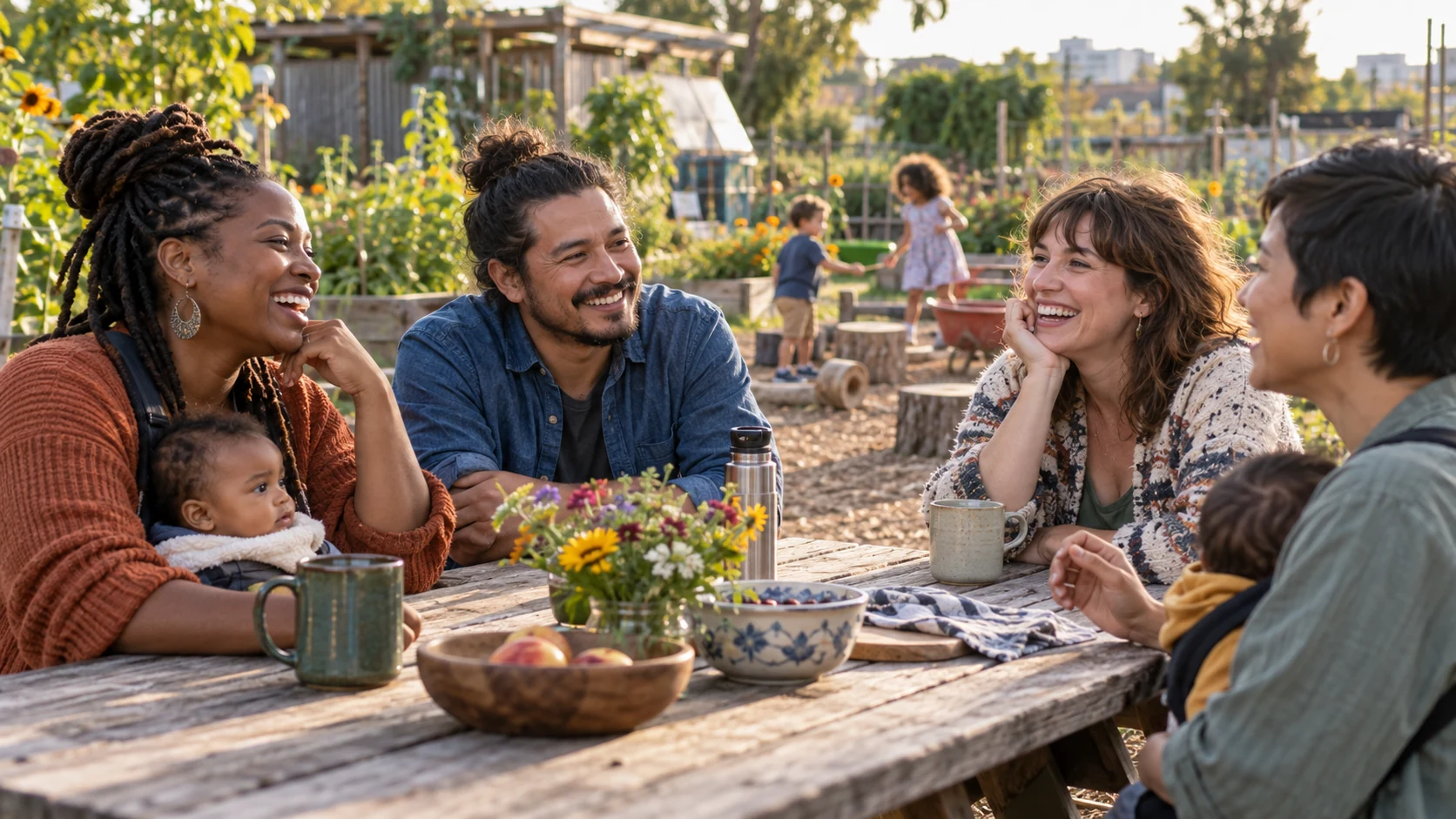 Parents of varied backgrounds share a conversation at a community garden table while children play nearby.