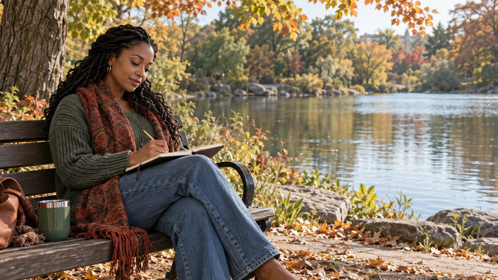 A Black woman takes a quiet solo journaling break on a park bench beside a pond.