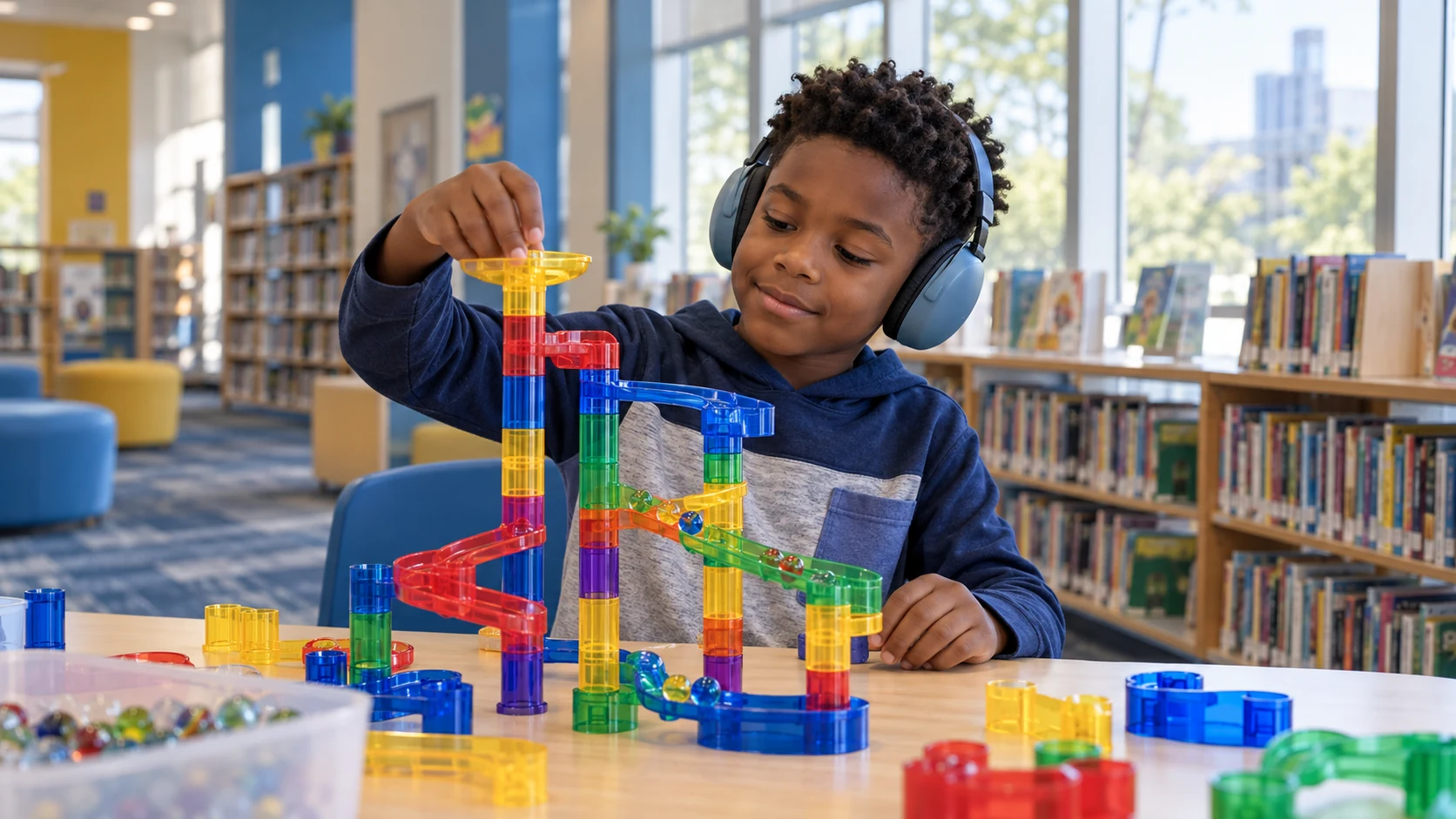 A Black child wearing noise-reducing headphones builds a marble run independently at a quiet public library table.