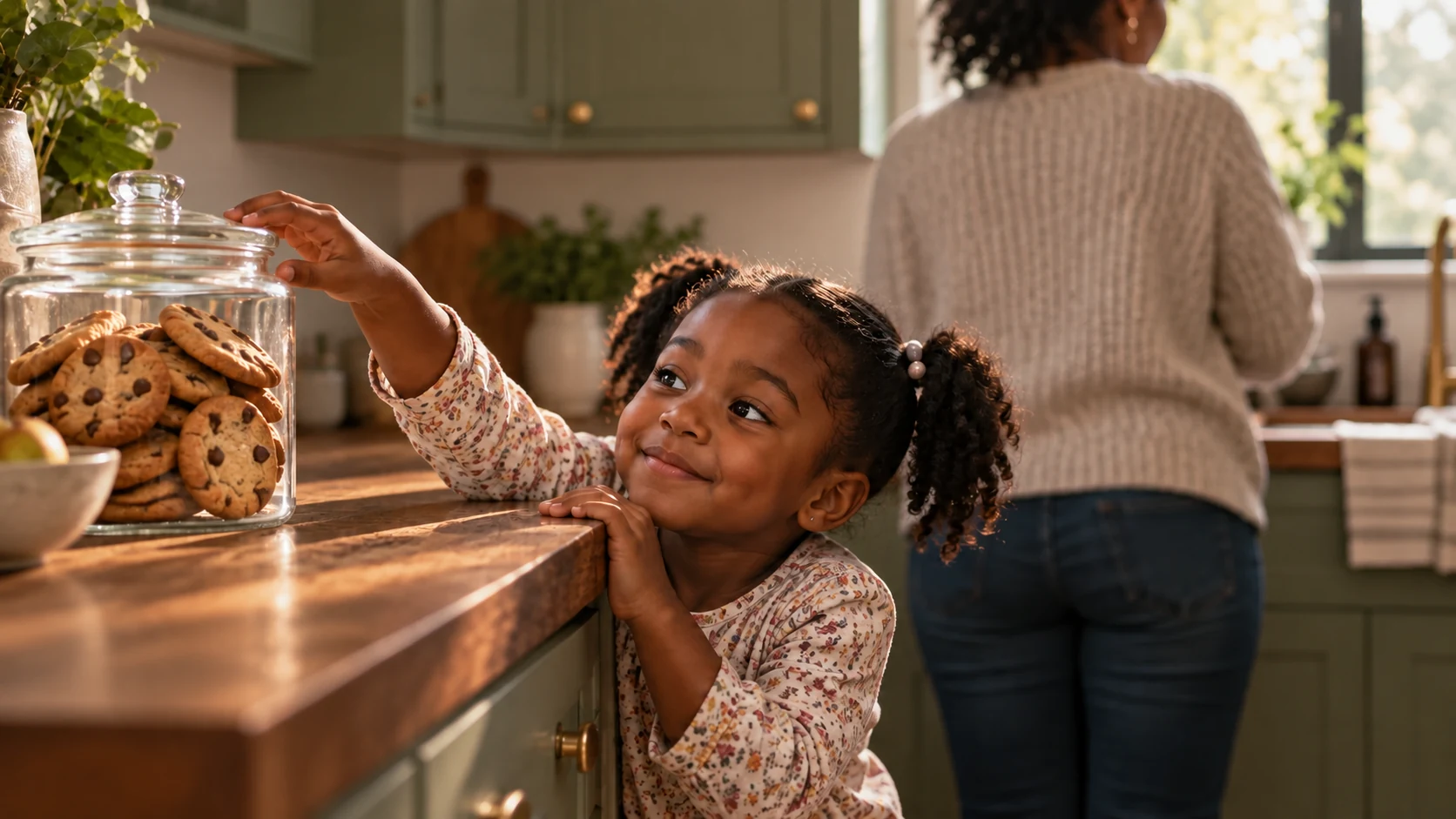 A little Black girl reaches for a cookie jar while her mom faces away in the kitchen.