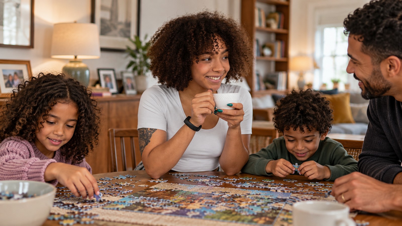 A Black mother and her children share a quiet puzzle break at home.