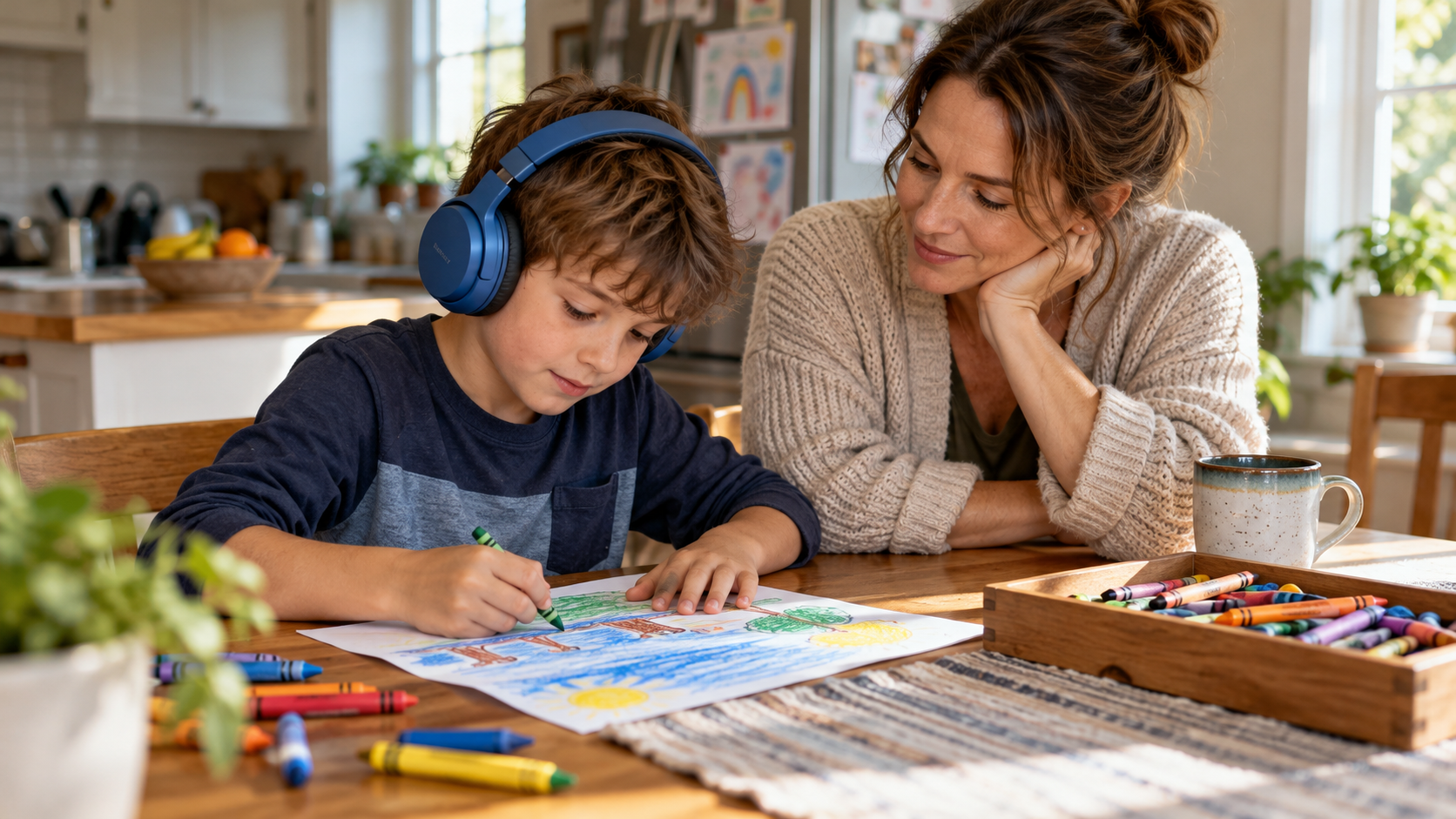 A child wearing noise-canceling headphones drawing with crayons while a parent watches with interest.
