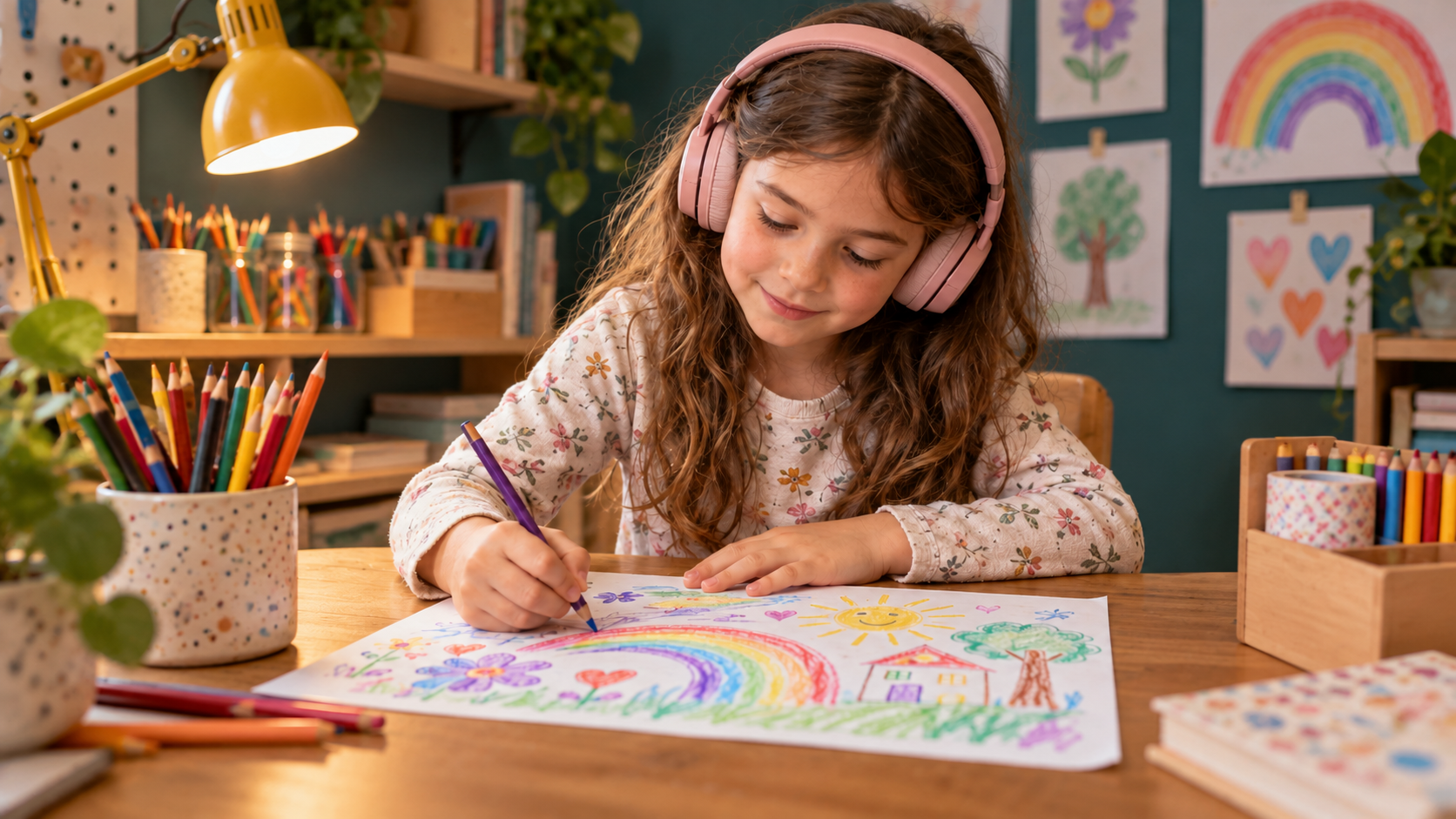 A school-age child wearing headphones draws with colored pencils at a home art table.